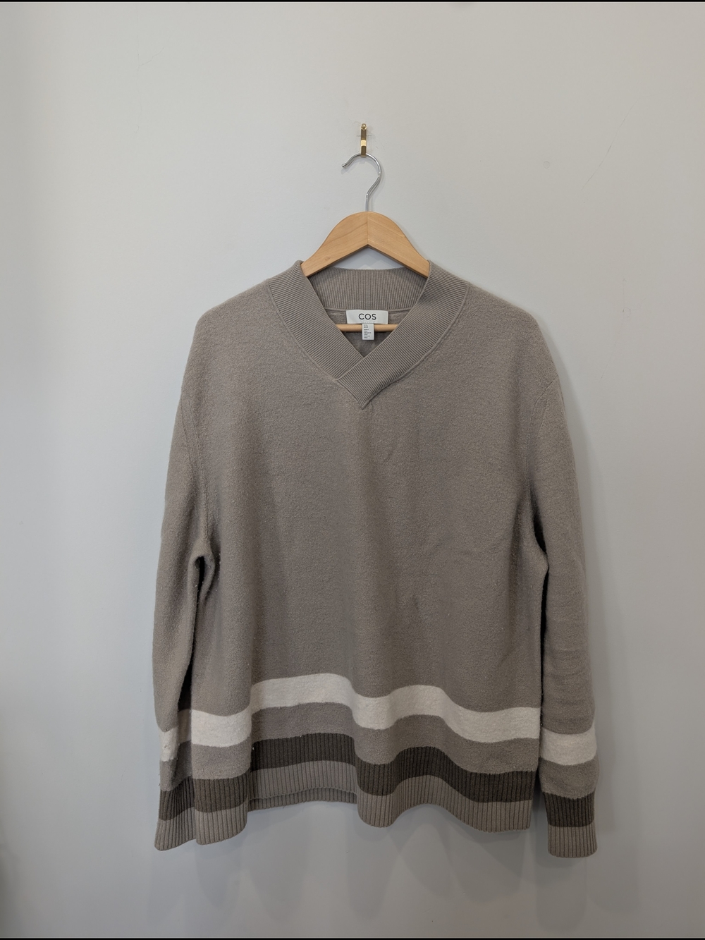 COS Men's Taupe V-Neck Sweater with Cream and Dark Taupe Stripes